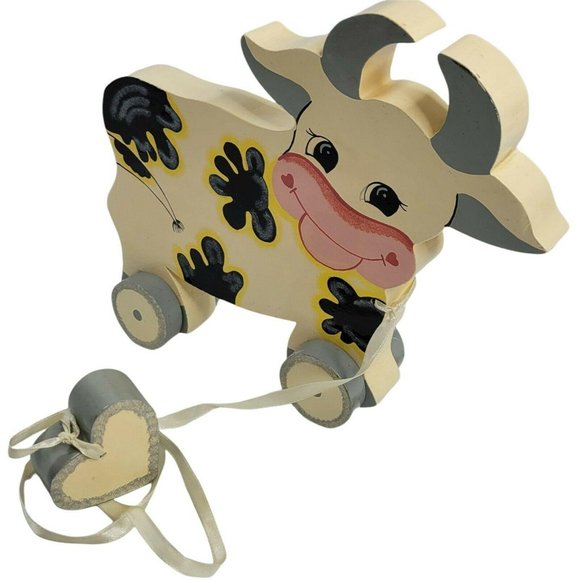 Folk Art Smiling Wooden Cow Toy Heart Pull 8" Length Off White Gray - Picture 3 of 9